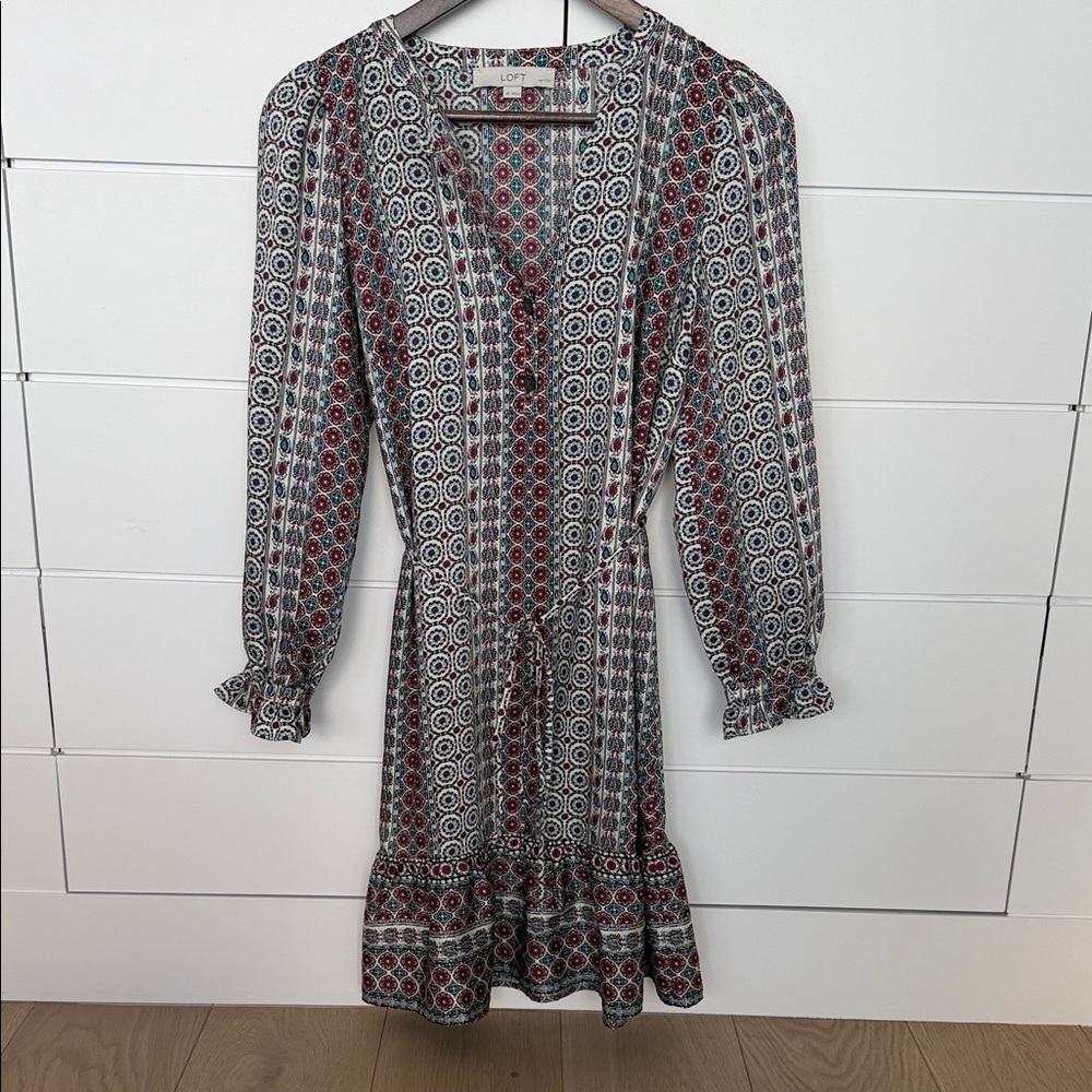 LOFT Geometric Long Sleeve Dress - Red and Black